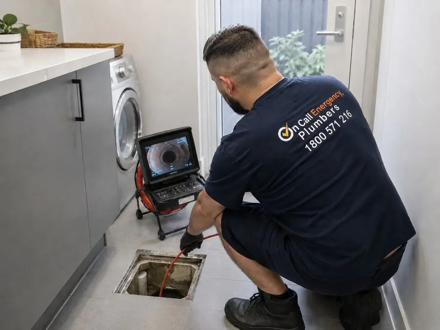 CCTV drain camera inspection at an indoor access point, Mordialloc