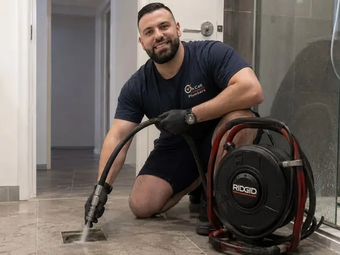 Plumber cleaning an indoor floor drain, Mordialloc