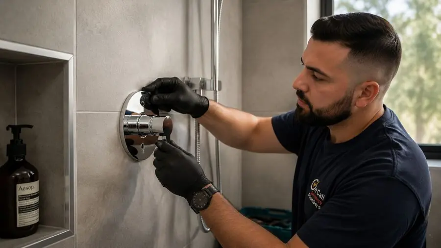Plumber repairing shower taps, Mordialloc