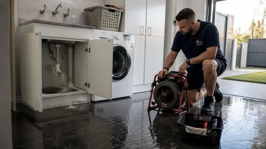 Plumber assessing a kitchen drainage problem, Mordialloc