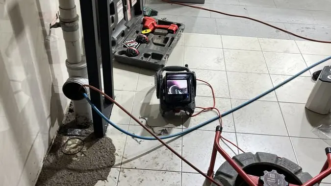 Drain cleaning equipment inside a bathroom, Mordialloc